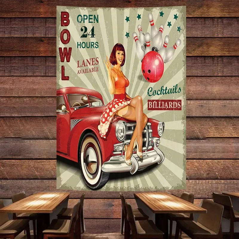 Auto Repair Shop Hours - BOWL OPEN 24-STUNDEN-Auto-Poster, Wandteppich, Wandbild, Pin-Up-Mädchen-Flagge,
