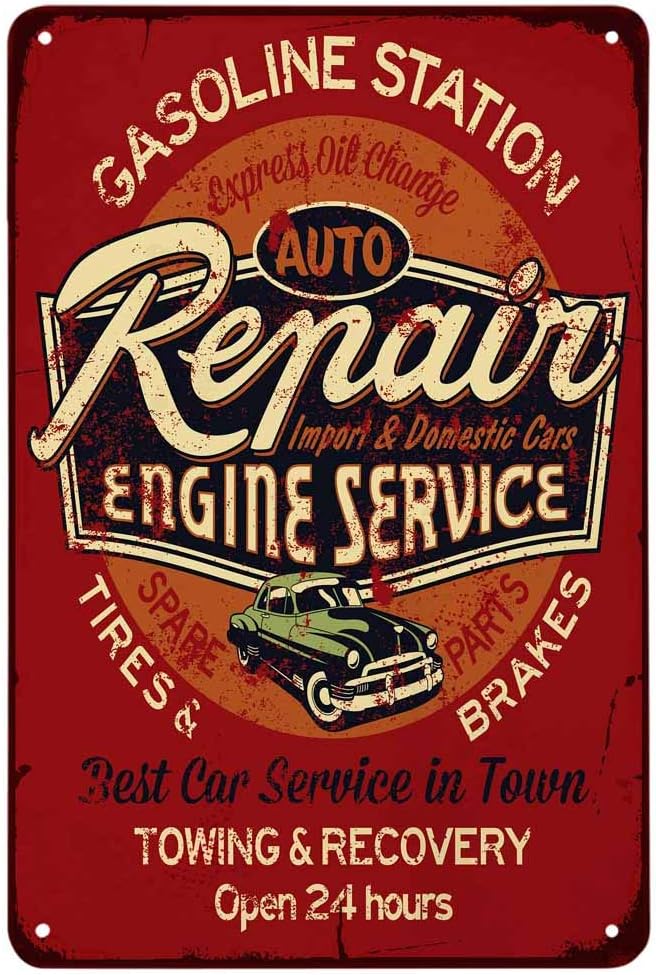 Auto Repair Shop Hours - Vintage Metallschild „Auto-Reparatur Motor-Service“ – Tankstelle,